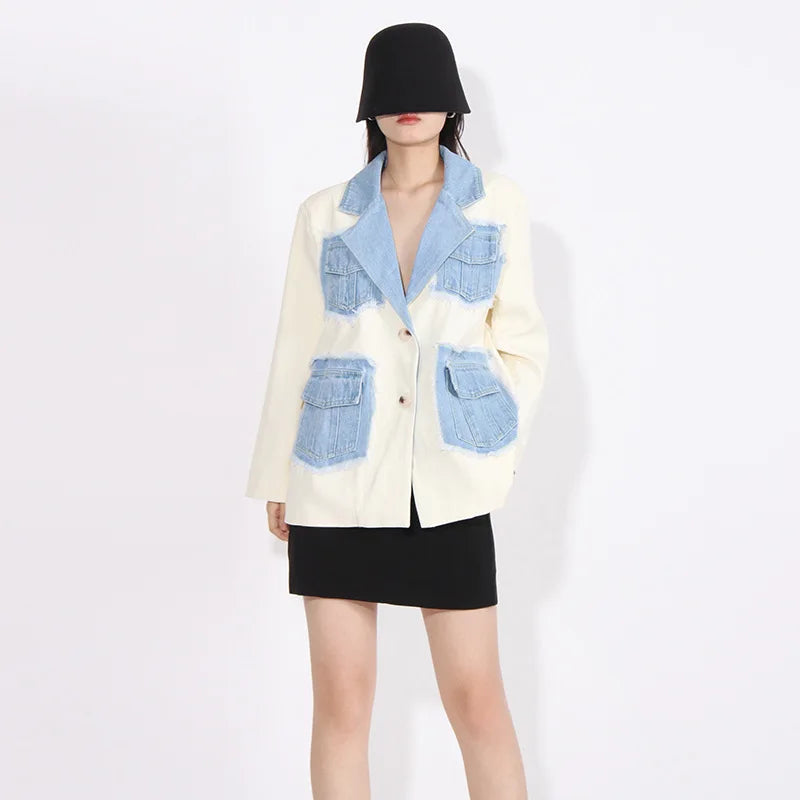 2024 Women's Streetwear Suit Jacket New Fashion Loose Design with Temperament Stitching and Denim Spring Summer Niche Style