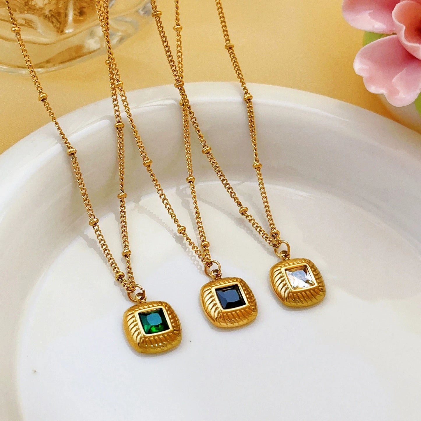 New 304 Stainless Steel Gold Plated Necklace Chain Women Zircon Square Diamond Stainless Necklace