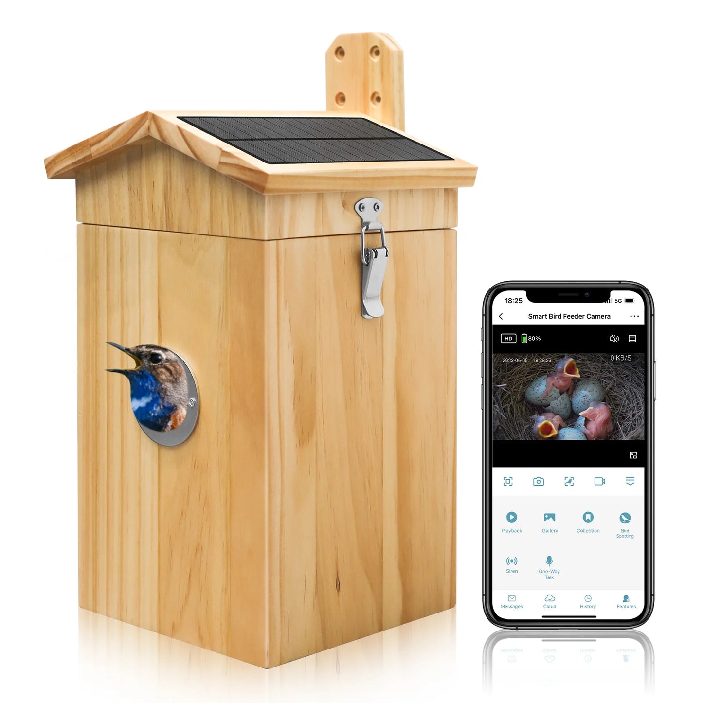 Nanxin Pine Wood Bird Nest Smart Al 11000+ Kinds Bird Camera Cage with Double Solar Panel Waterproof Smart Bird House