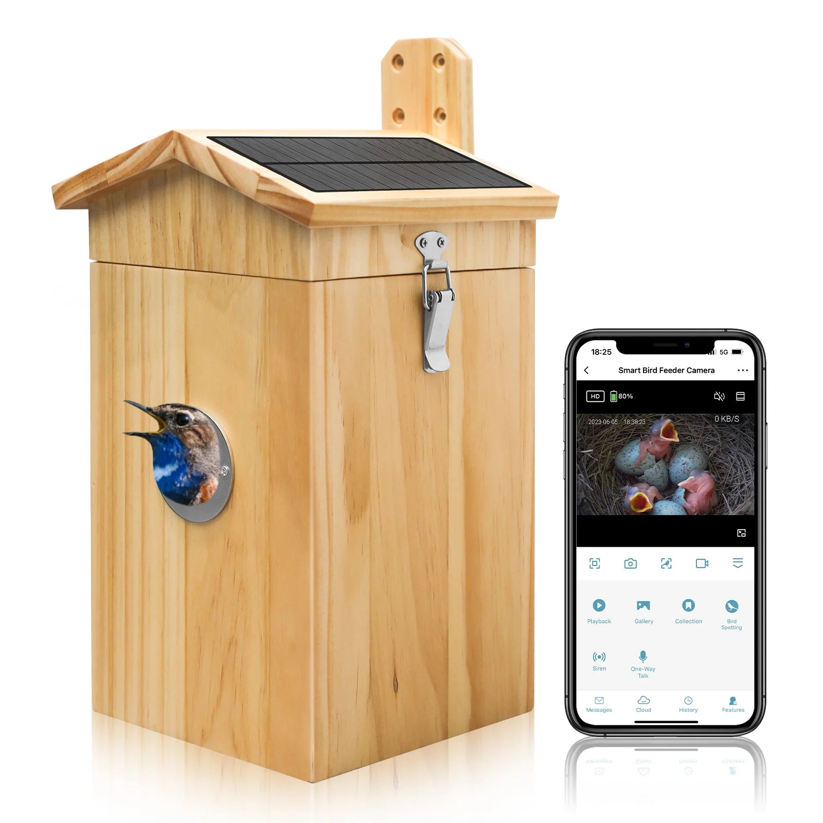 Nanxin Pine Wood Bird Nest Smart Al 11000+ Kinds Bird Camera Cage with Double Solar Panel Waterproof Smart Bird House