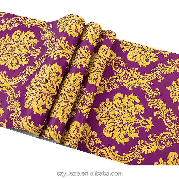 European Modern 3D Modern Non Woven Purple and Yellow Damask Wallpaper Living Room TV Background Suede Wall Paper Roll