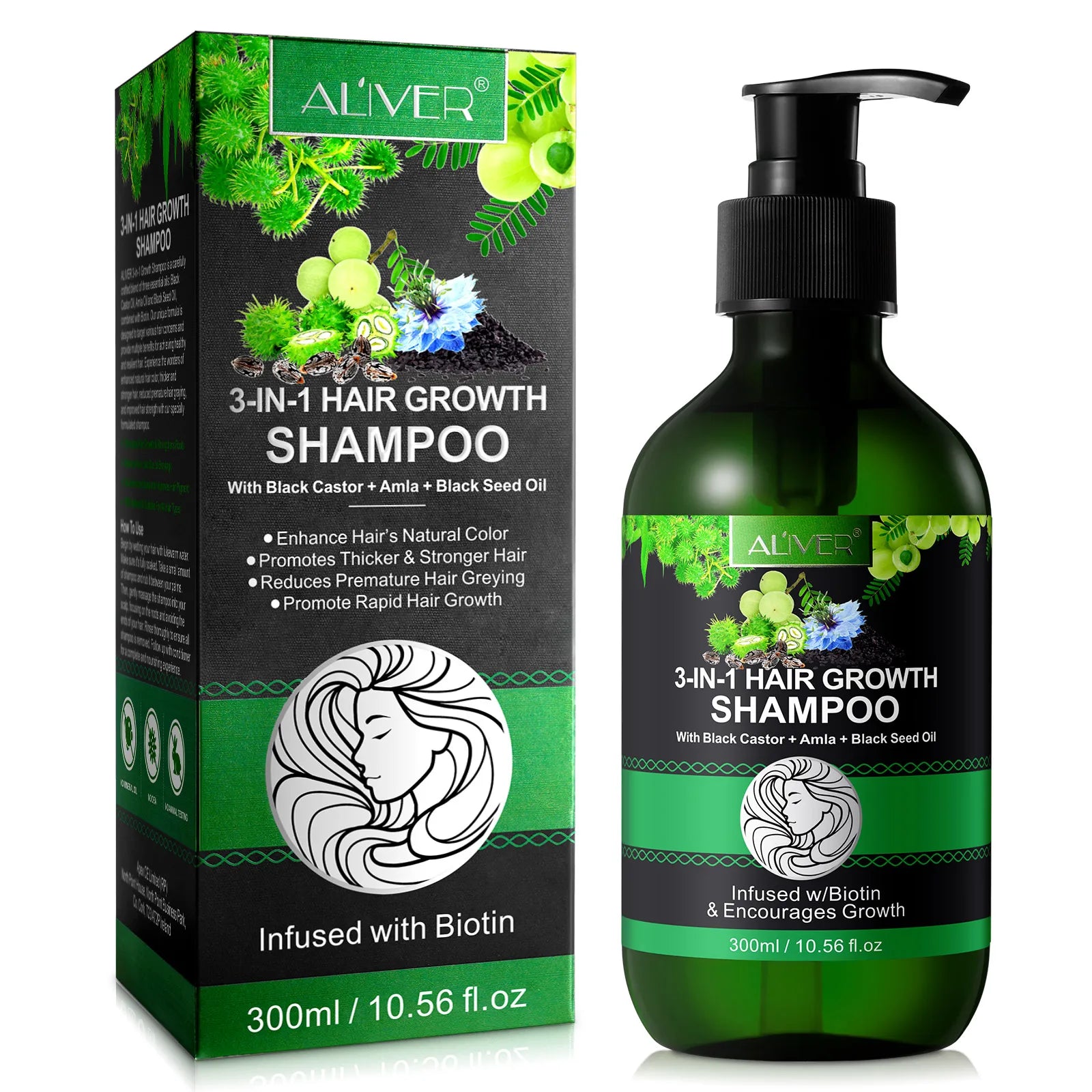 ALIVER Private Label Enhance Natural Color 300ml Hair Loss Biotin Hair Growth Jamaican Black Castor Amla Black Seed Oil Shamp