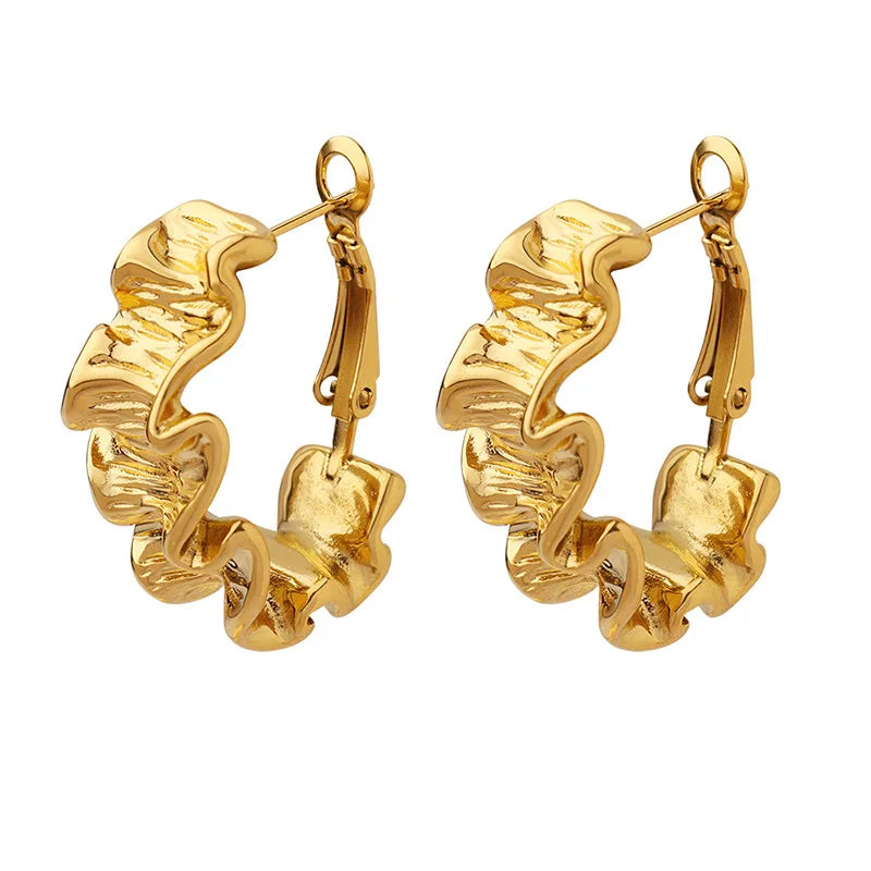 Personalized Stainless Steel Jewelry Geometric Pleated 18k Gold Plated Hypoallergenic Earrings