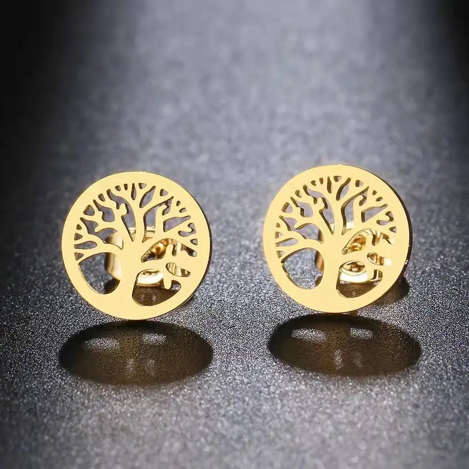 XUNYUETitanium Steel Earrings Big Tree Earrings Round Life Tree Lucky Tree 18K Women's Small Earrings European and American