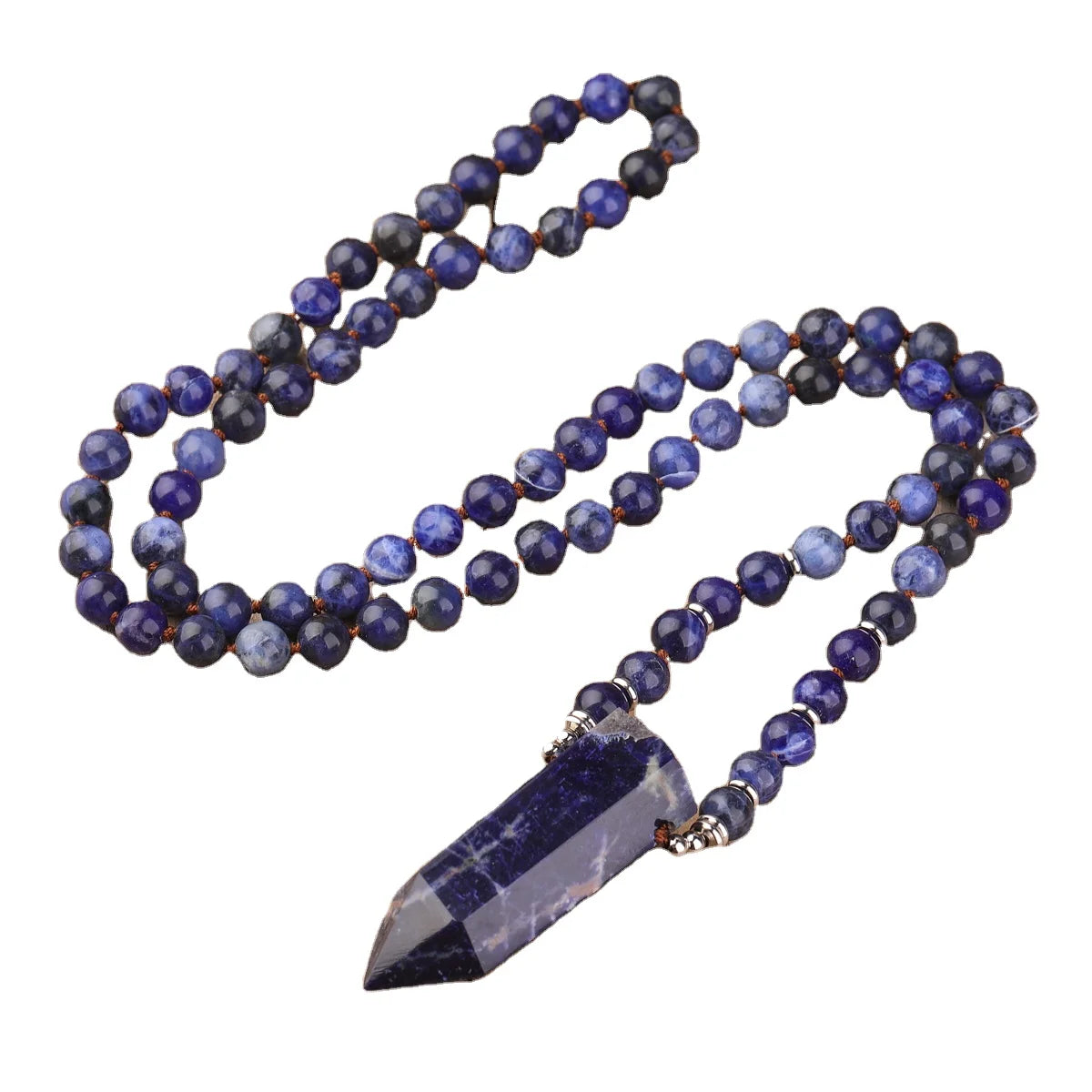 Sodalite Point Mala Necklace Chakra Jewelry  Healing Round Bead Knotted Meditation Necklaces Prayer Gift for Unisex