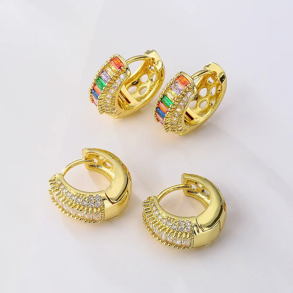 Hot Sell and New Design Copper  Jewelry Wholesale Gold Color Hoop Zirconia Rhinestone Hollow Earrings
