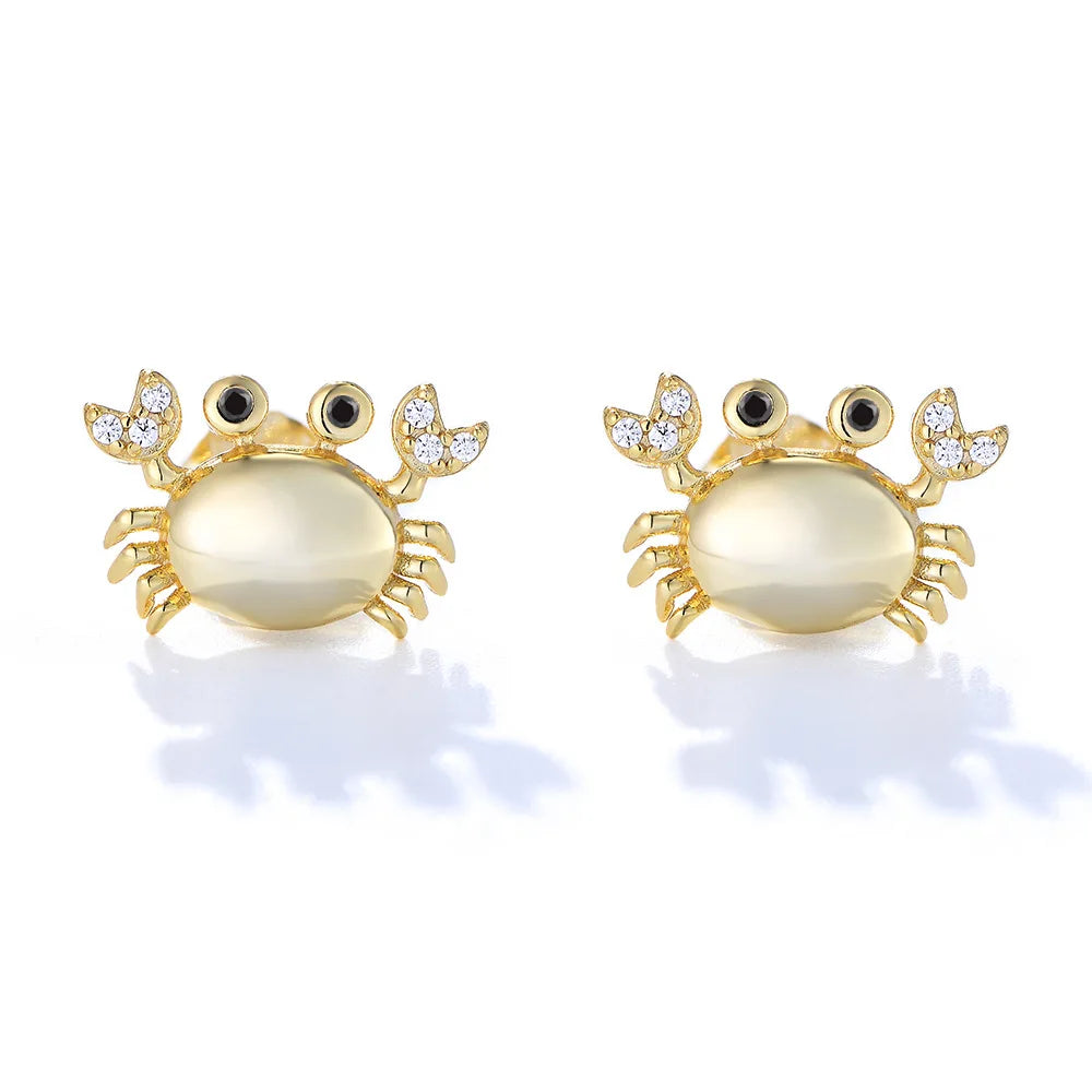 925 Sterling Silver Earrings Marine Animal Crab Zircon Gold Plated Stud Earrings for Women Fine Jewelry Earrings