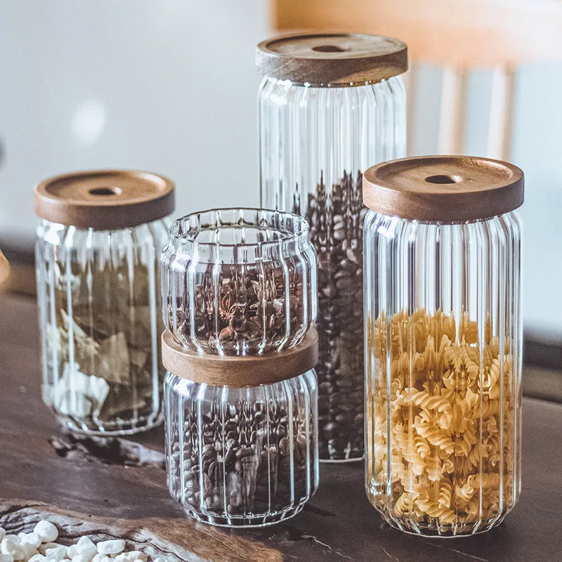 Sealed Jar Striped Wooden Cover High Temperature Resistant Folding Eco-Friendly Glass Storage Bottle for Restaurants Cereal