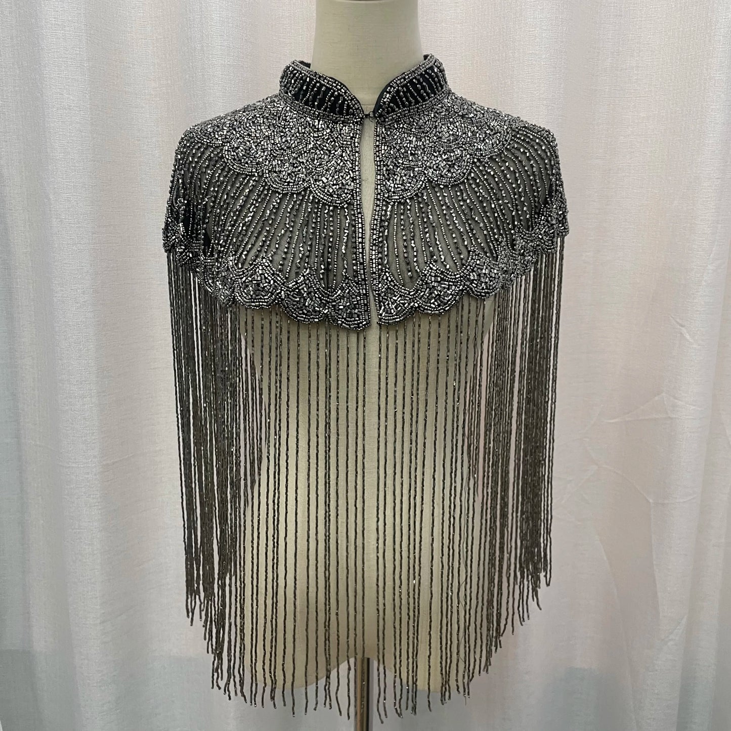 Silver Beads Black Mesh Handmade Beaded Tassel Collar for