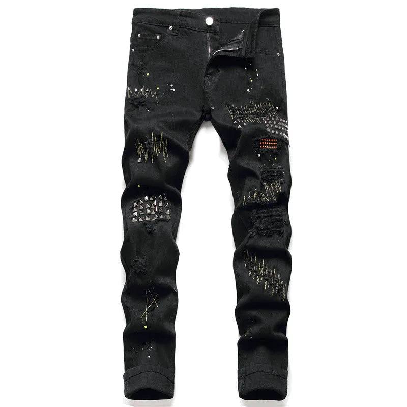 Men Ripped Hole Printed Jeans Fashion Raw  Cut Edge  Mens Stacked Jeans Rivet Designer Jeans