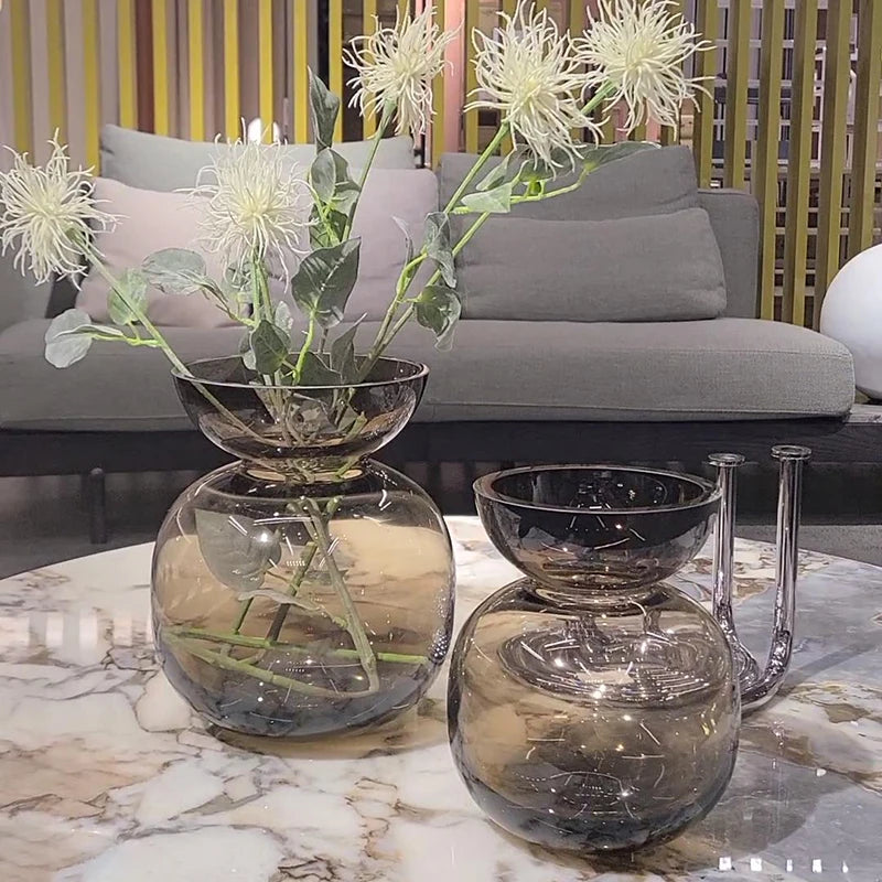 Wholesale Gourd Shaped Hand Blown Amber Glass Vase Thick Wall Smooth Finish Home Decor Centerpiece for Living Room