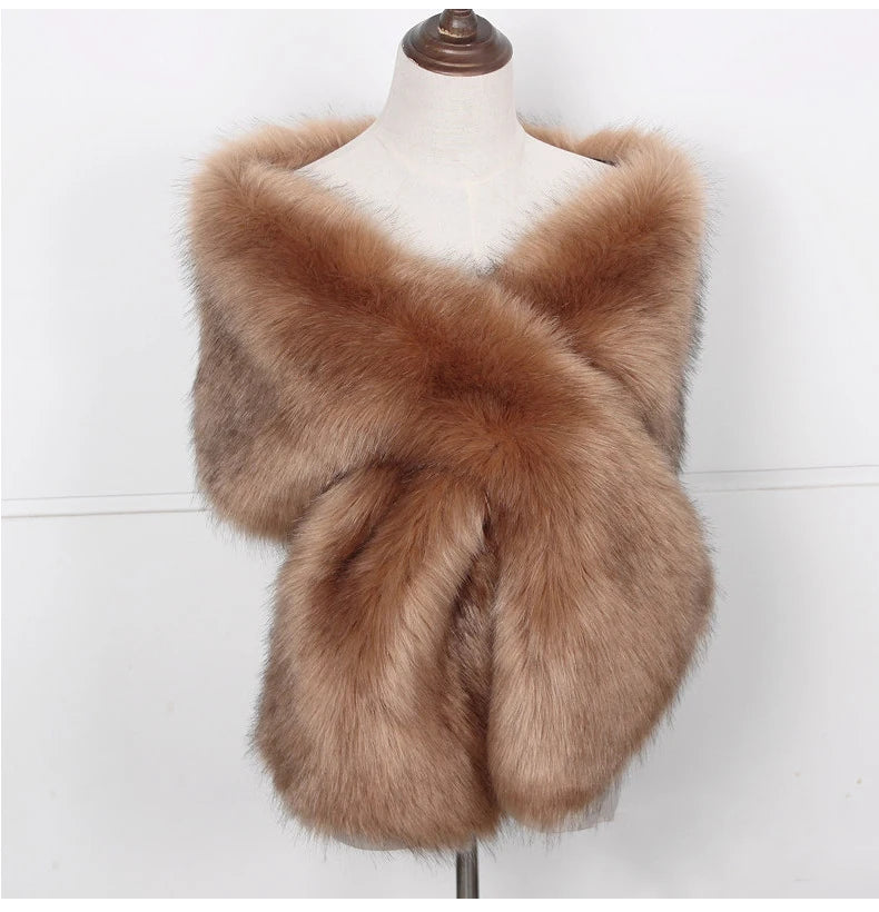 Women's Long Rectangle Collar Faux Fur Scarf Wrap Neck Warmer Traditional Shawl for Cold Winter Parties