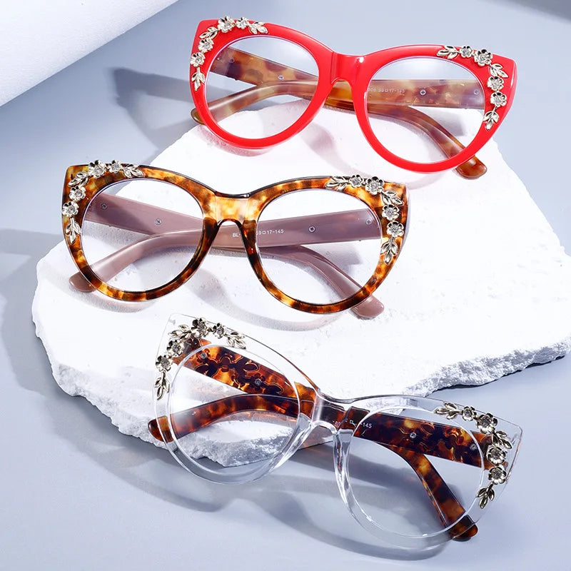 European and American Trend Ladies Plain Flat Mirror New Anti-blue Broken Flower Cat's Eye Glasses