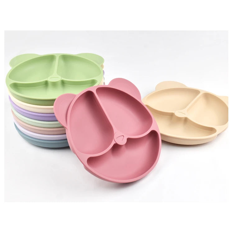 New Arrival Strong Suction Silicone Tableware Set Baby's Stay Put Bib Divided Dinner Plate Toddler Dining Dish with Bowl Spoo