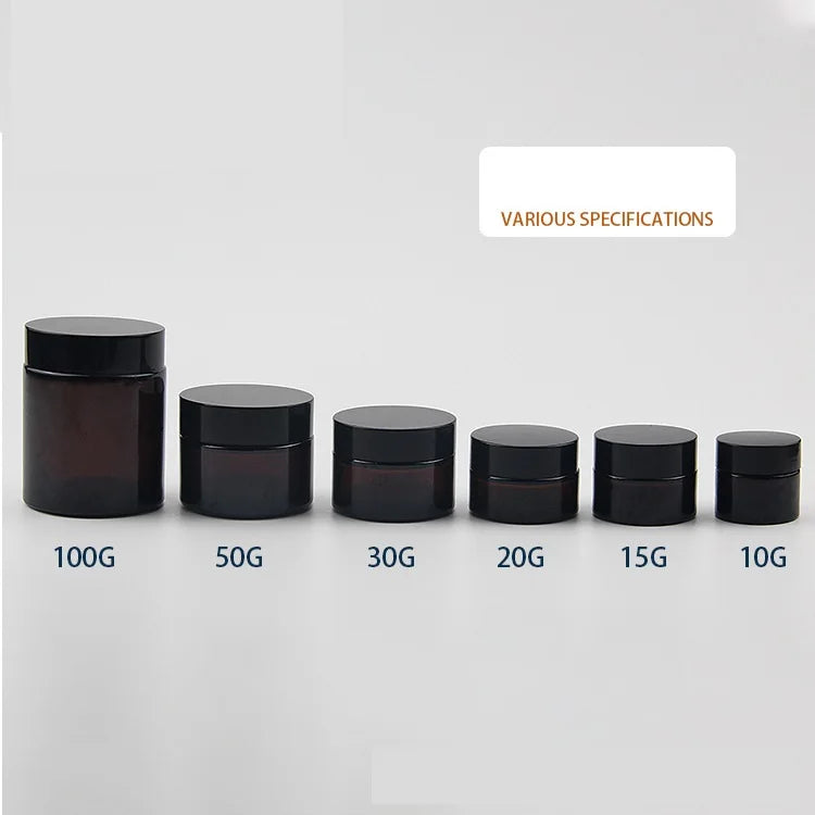 Premium Luxury Round Skin Care Cosmetic Container Refillable Empty Cream Face 5g 10g 15g 50g Amber Glass Jar with Black Lids