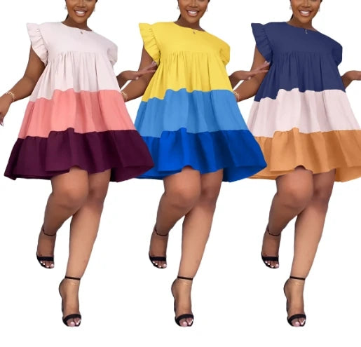 Summer Round Neck Ruffle Edge  Contrasting Color Patchwork Large Hem Loose Fitting Dress