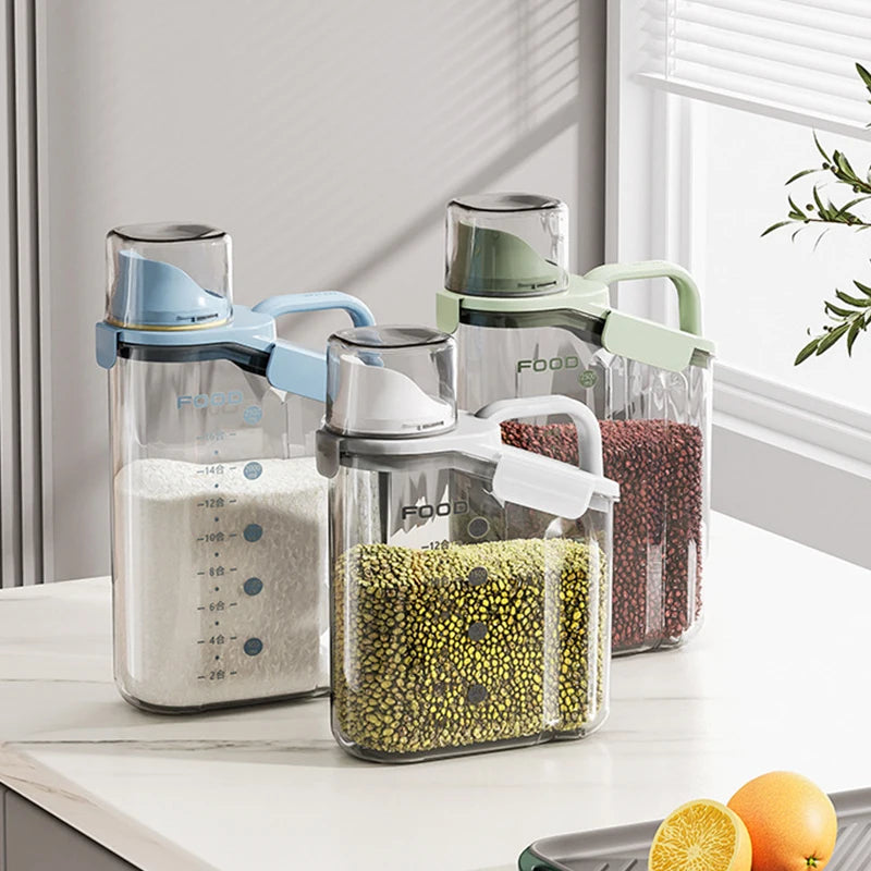 WISHOME 2L Airtight Food Storage Container Rice Cereal Dispenser BPA Free PS+PP Measuring Cup Pour Spout Freshness Kitchen