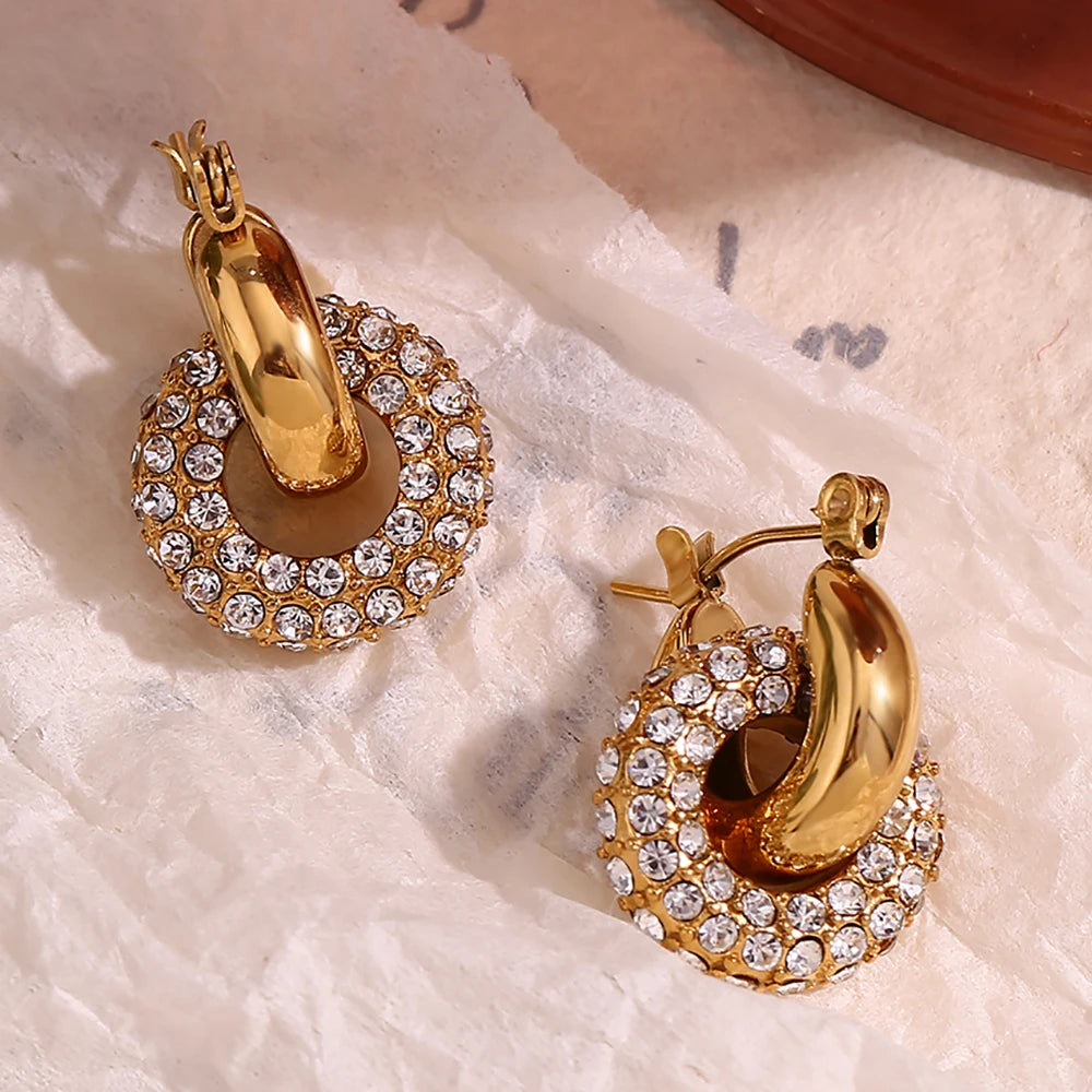 Dreamshow Fashion Jewelry Shining Zircon Donut Hoop Earring Gold Plated Huggie Earrings Stainless Steel Jewelry