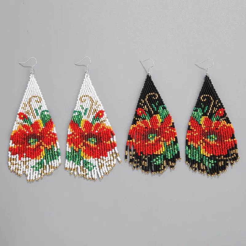Retro Ethnic Lager Red Flower Glass Beaded Hook Earrings Handwoven Bohemian Long Tassel Earring for Women Jewelry