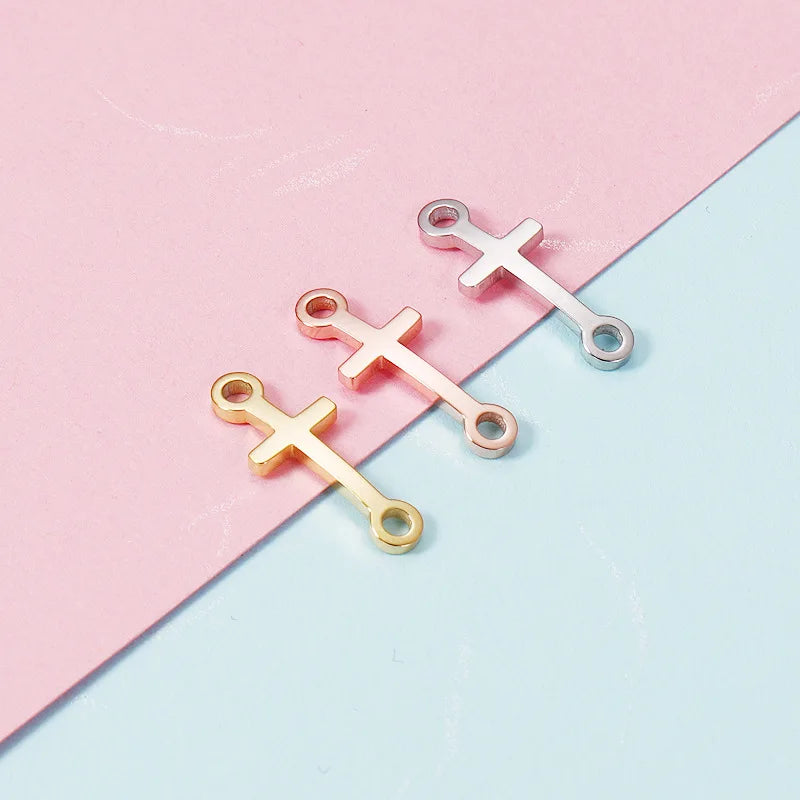 Custom DIY Jewelry Real Gold Plated Stainless Steel Double Hole Cross Charms Pendant for Bracelet Anklet Use