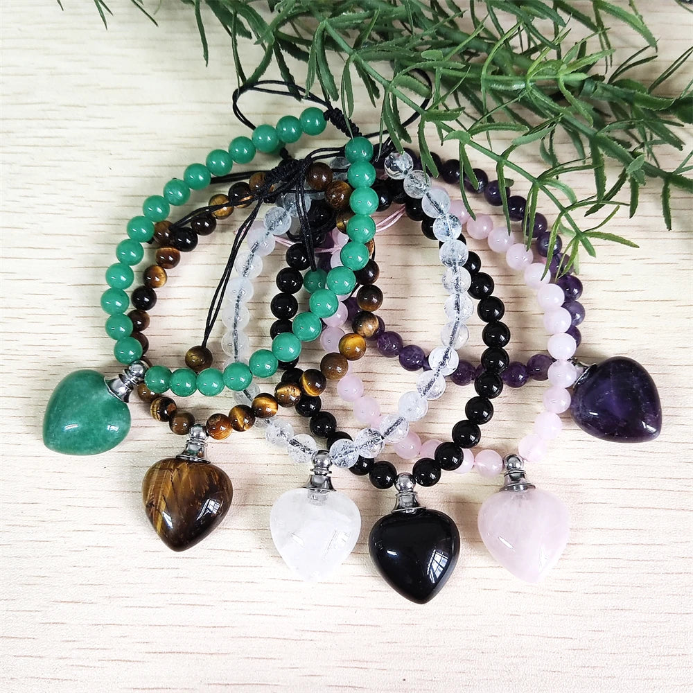 2025 New Trendy Round Bead Green Aventurine Bracelet Stone Amethyst Heart Shape Perfume Bottle Charm Bracelet Rose Quartz Ony