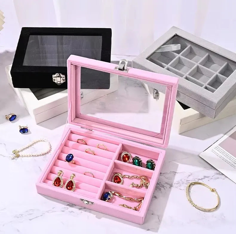 Wholesale Pink Blue Plush Velvet Travel Jewelry Box Organizer with Glass Window for Displaying Jewelry