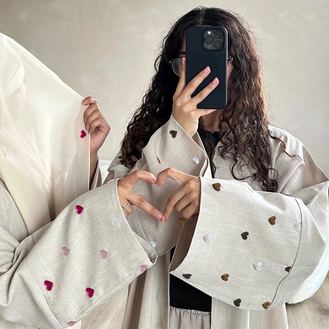 Heart Shape Embroidery Cuff Plain Color Linen Fabric Free Size Muslim Women Eid Abaya Dress