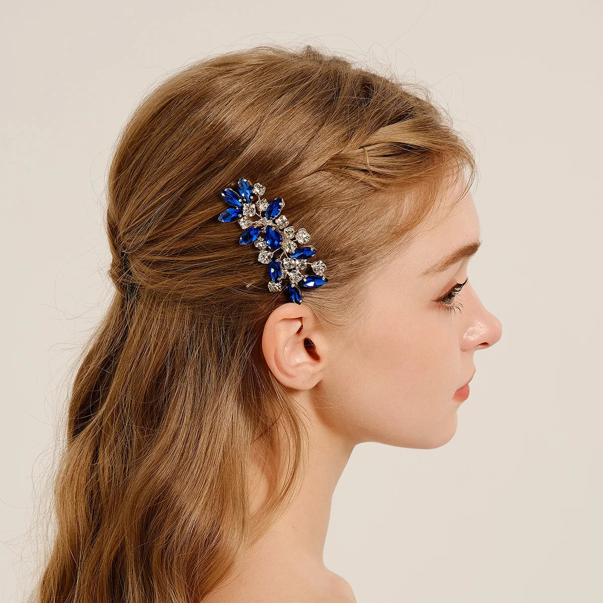 Romantic Blue and Black Handmade Wedding Headdress Glass Stone Bridal Rhinestone Hair Comb for Women
