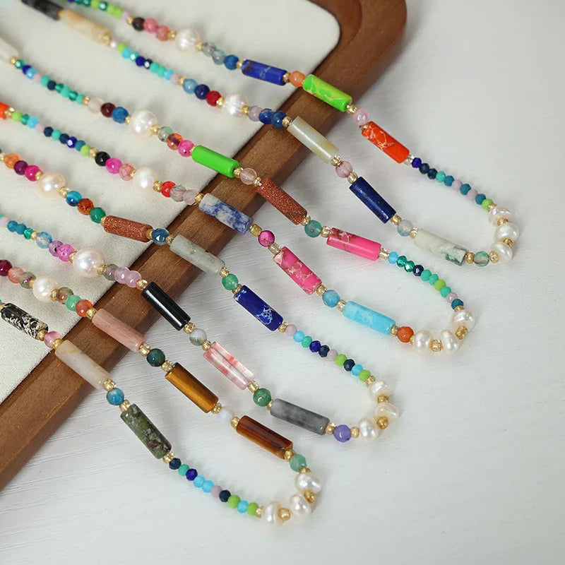 Bohemian Fashion Jewelry Gold Plated Stainless Steel Necklace Freshwater Pearl Multicolor Natural Stone Handmade Beaded Neckl
