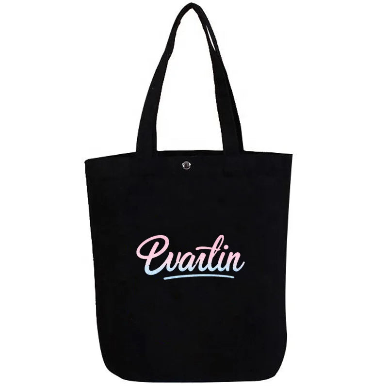 Black Heavy Cotton Canvas Dust Tote Bag Button Closure Eco-Friendly Vanity Shopping Bag Cartoon Embroidered Logo Free Sample