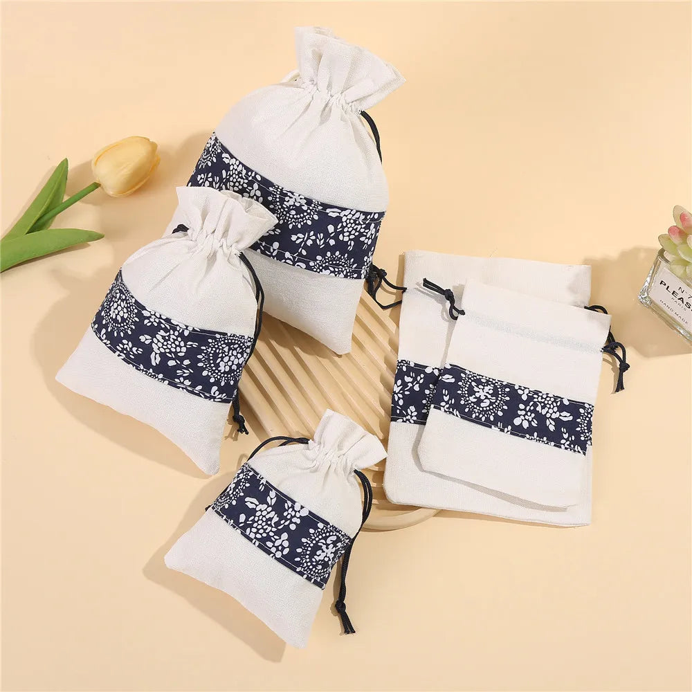 Patchwork Blue White Cotton Drawstring Bag Breathable Tea Leaves Dried Flower Sachet Packaging Bags Dust-proof Collectible Po