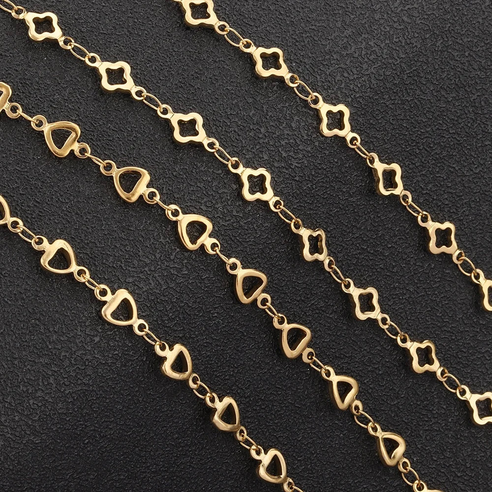 GP Gold Four-Leaf Clover Heart Chain Stainless Steel Gold Plated DIY Jewelry Making Necklace Accessories