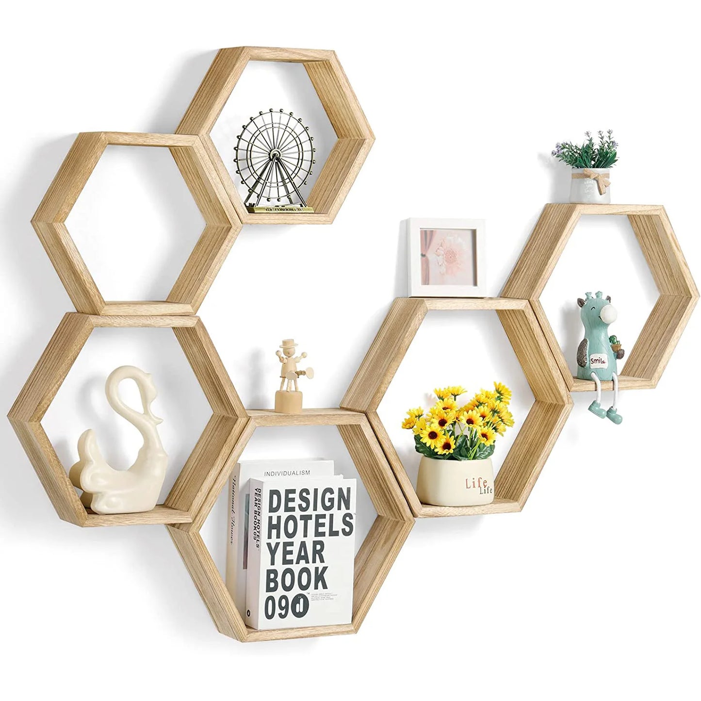 Wall Mount Hexagon Floating Shelves Honeycomb Decor Wooden Plant Pots Holder Stainless Steel for Kitchen Bathroom Living Room