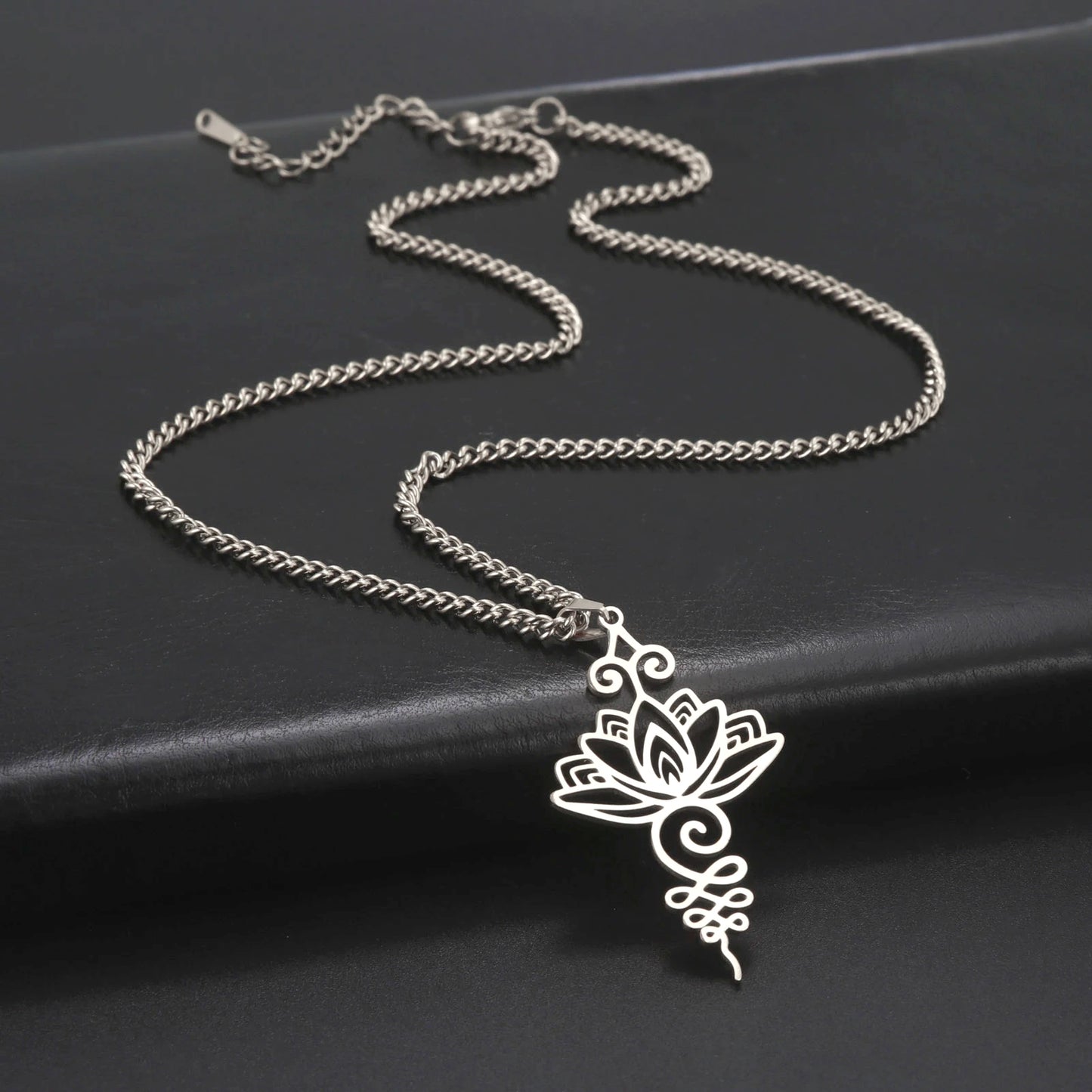 Yoga Lotus Flower Pendants Necklace Stainless Steel Unalome Symbol Charm Necklaces for Women Buddhism Amulet Jewelry Wholesal