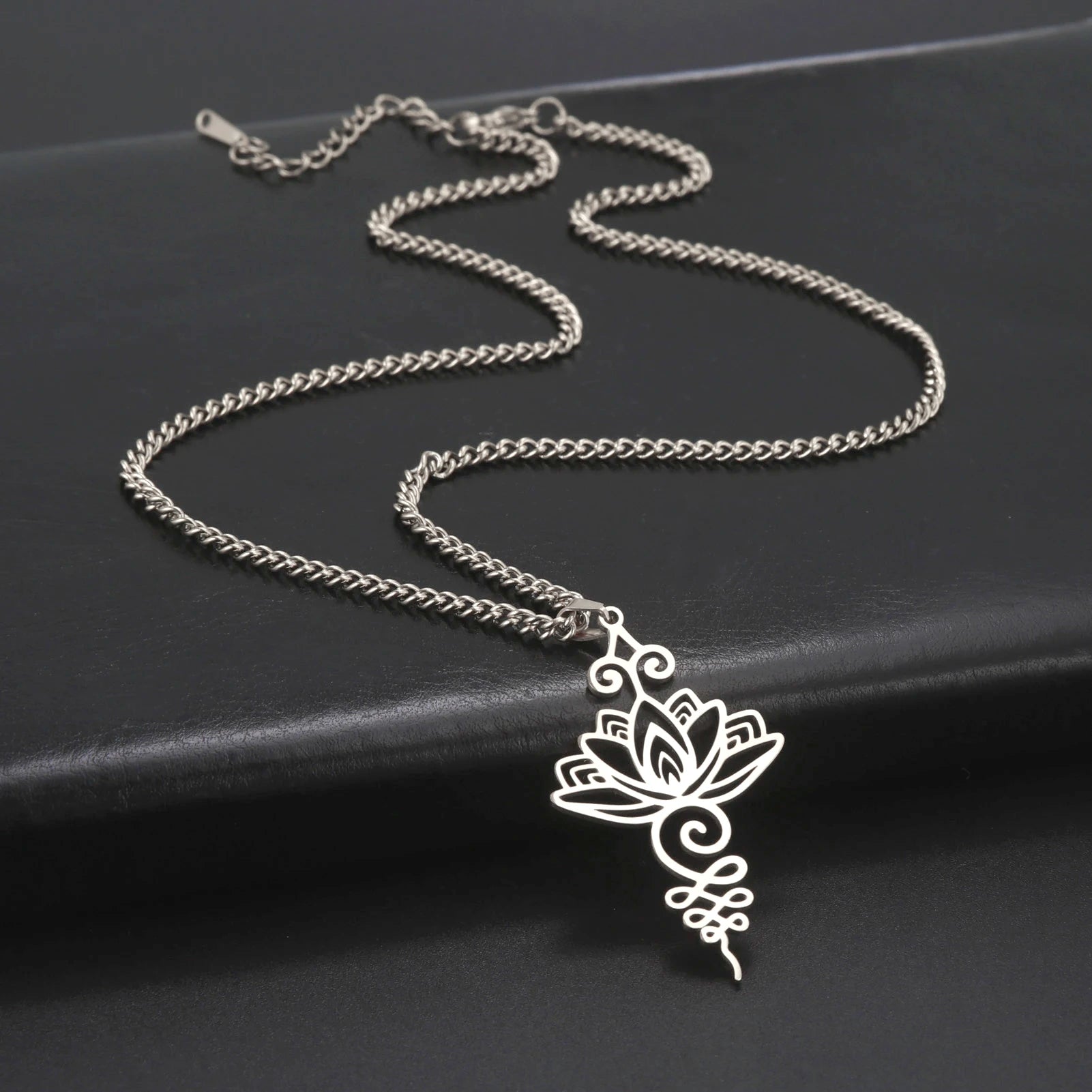 Yoga Lotus Flower Pendants Necklace Stainless Steel Unalome Symbol Charm Necklaces for Women Buddhism Amulet Jewelry Wholesal