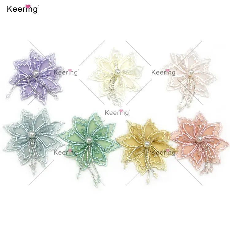 WBF-203 Keering Low Price Purple Decorative Fancy High Quality Beads and Pearl 3D Lace Fabric Flower for Wedding