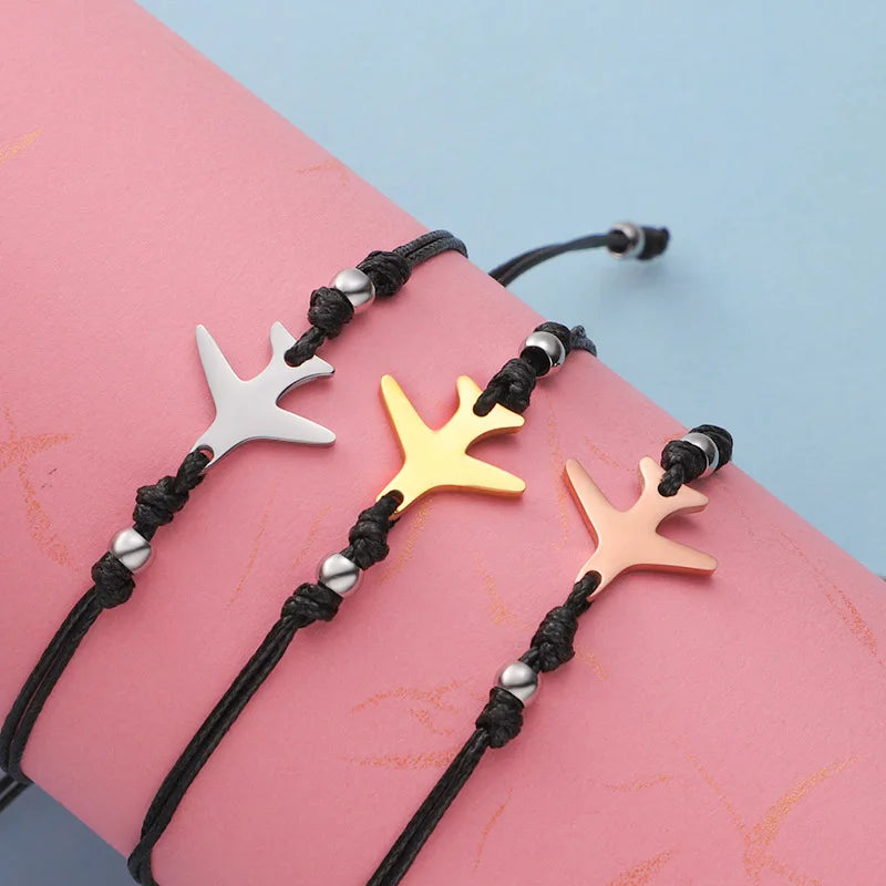 New Couple Simple European and American Wind Wax Rope Woven Adjustable Bracelet Curved Long Hollow Airplane Hand Bangle Jewel