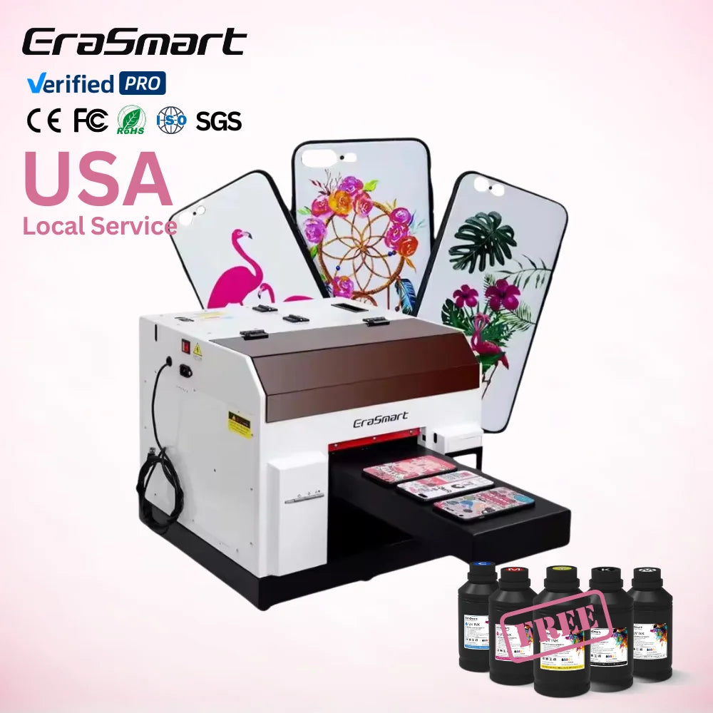 Erasmart A4 Flatbed Cylinder Automatic Printer Uv Printing Machine for Phone Cases Bottle Key Chain Card Printing