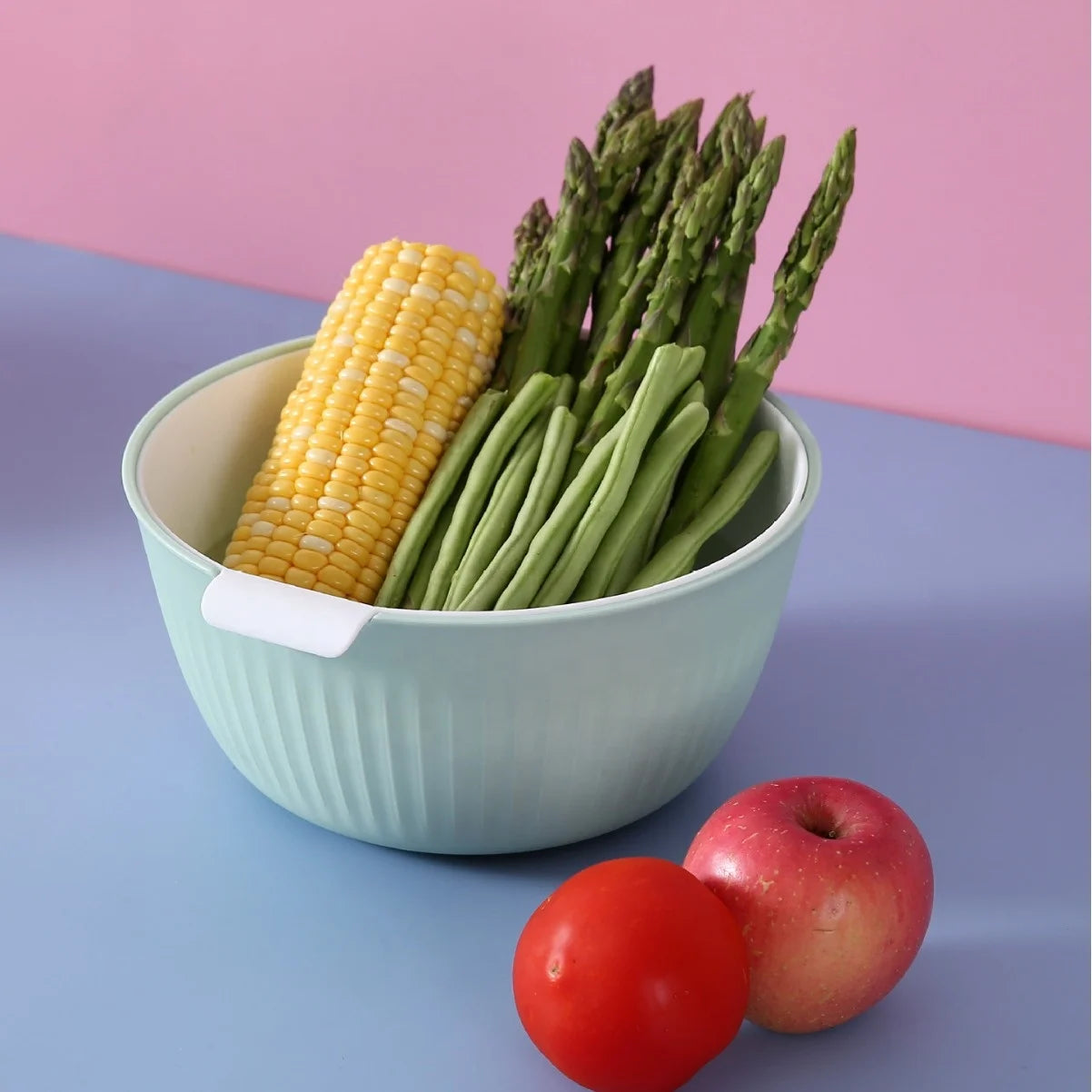 Multifunction Durable Double Layer PP Multi-color Kitchen Fruit & Vegetable Washing Drain Basket 23x21x10cm