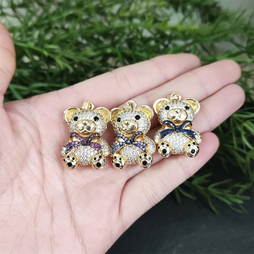 Hot Selling Women Jewelry Girls Gift DIY Bling Rhinestone Iced Out Little Cute Bear Pendant 18k Gold Plated Bear Charms