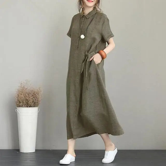 S-5XL New Solid Color Lapel Short Sleeved Dress Loose Women's Casual Dress