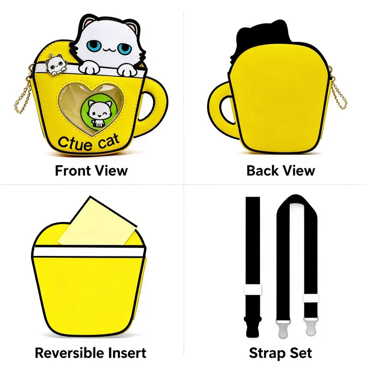 Custom Cute Cat Teacup Shape Ita Bag PU Crossbody Shoulder Bag with Heart Window and Chain Strap for Anime Fans Kawaii Handba