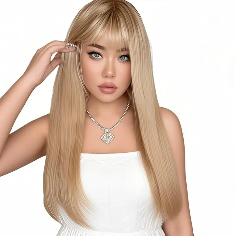 Fashion Blonde Straight Synthetic Wig Long With Bangs Glueless Pre Plucked Heat Resistant for Women Daily Use Luxury Wholesal