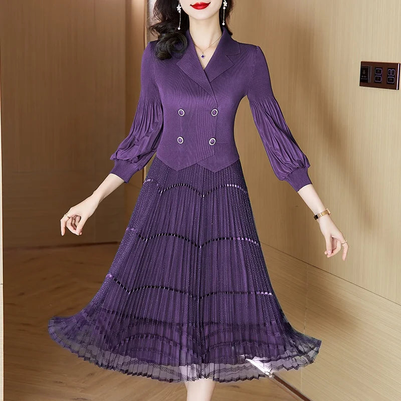 Spring New Plus Size Women's Folded Loose Dress Mesh Splicing Casual Elegant Dress