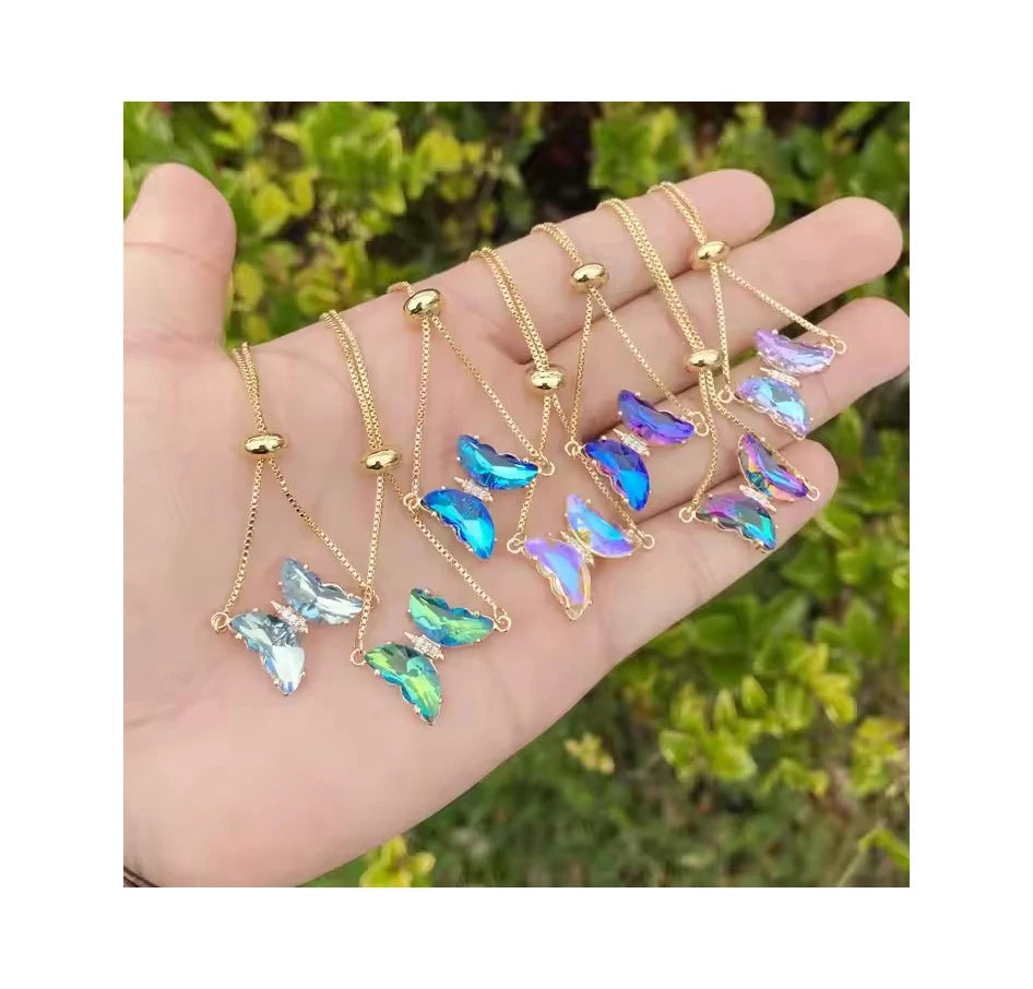 In Stock Multicolor Crystal Butterfly Bracelet Adjustable 18K Gold Copper Chain Zircon Butterfly Bracelet for Women