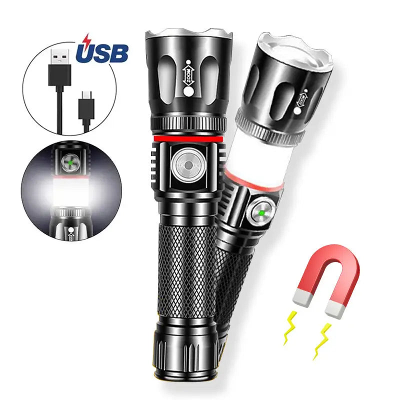 Long Range Magnetic Super Bright Tactical Flashlight Torch Light Powerful Zoomable Rechargeable LED Flashlight Waterproof