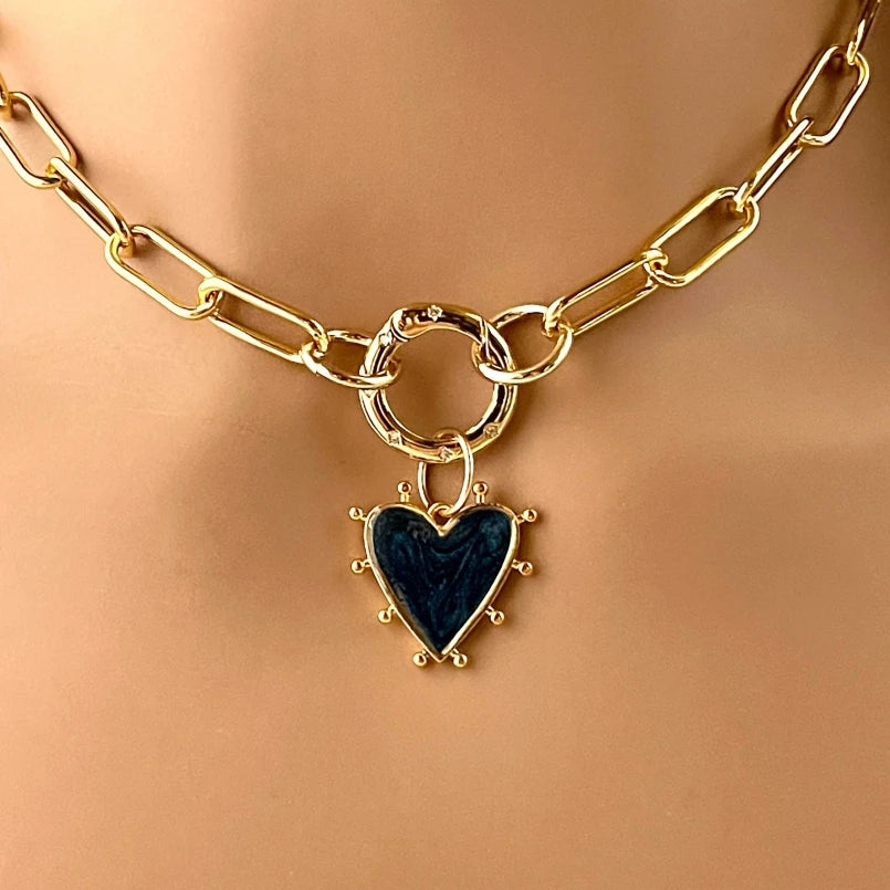 NM42777 Gold Plated Paperclip Chain Necklace With Black Enamel Heart Pendant Cubic Zirconia Pave Spring Clasp