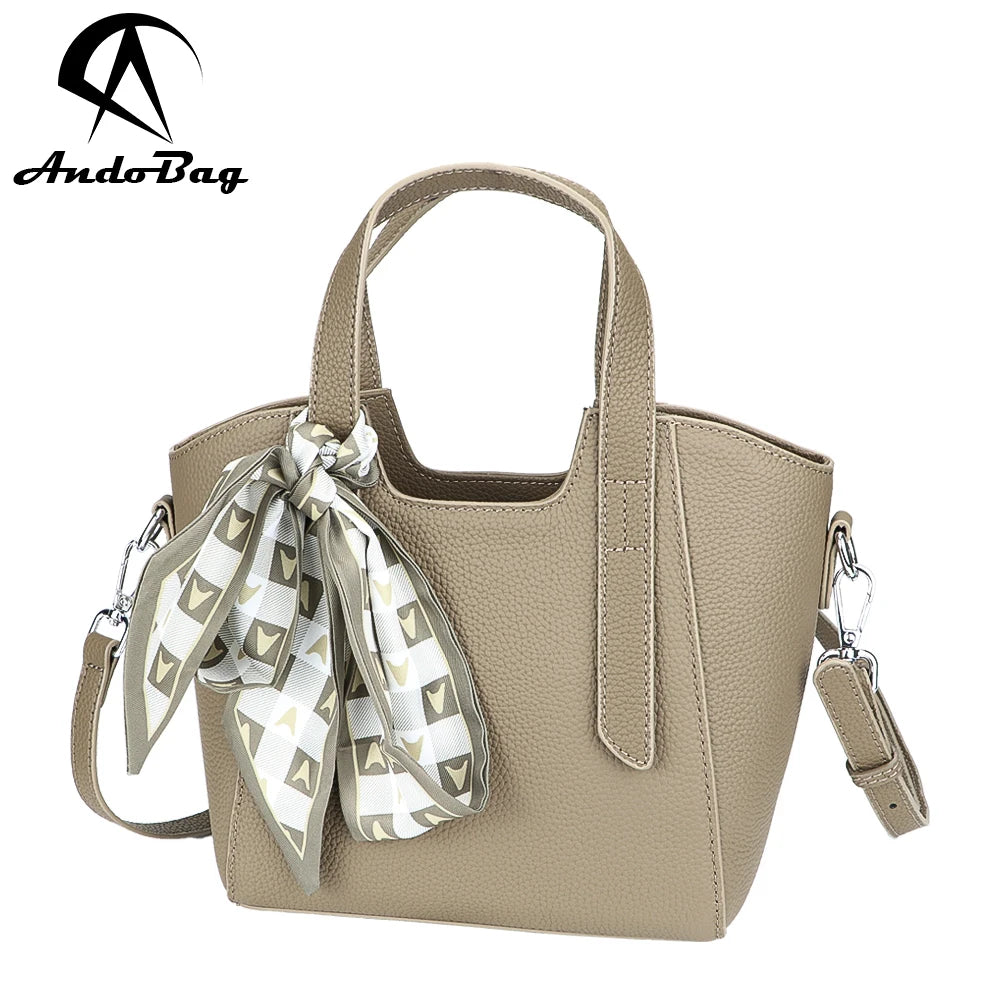 AndoBag Genuine Leather Women's Handbags Large Capacity Crossbody Bag Trendy Retro Shoulder Purse with Ribbon 1636