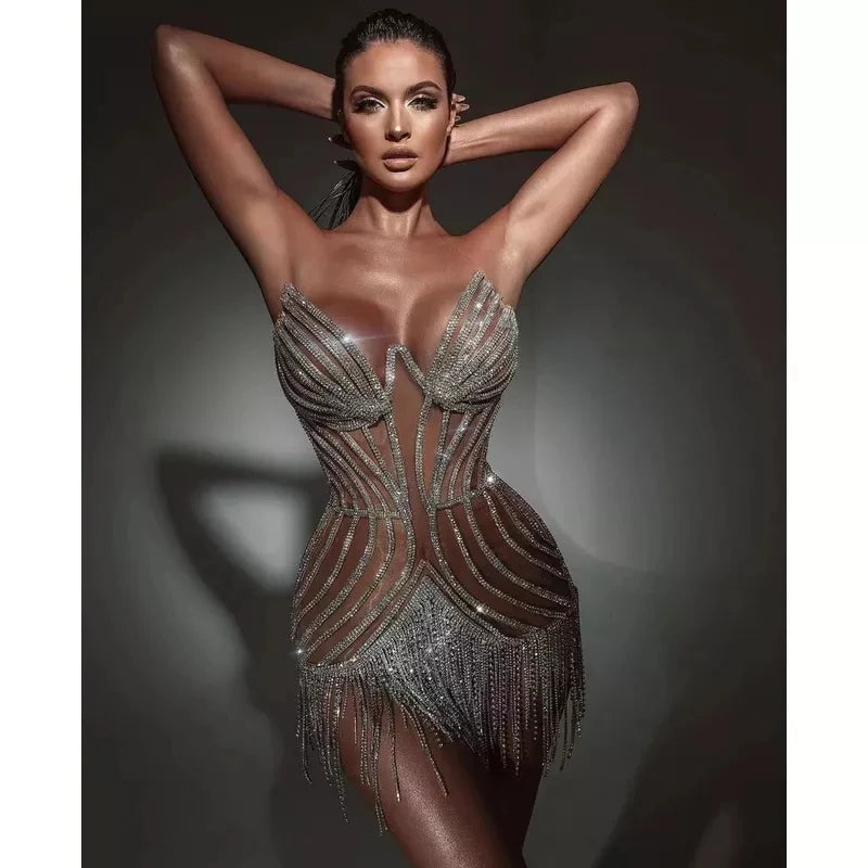 Shiny Crystal Sexy Show Mesh See Through Backless Crystal Birthday Party Prom Dress  Sexy Women Party Celebrity Dress