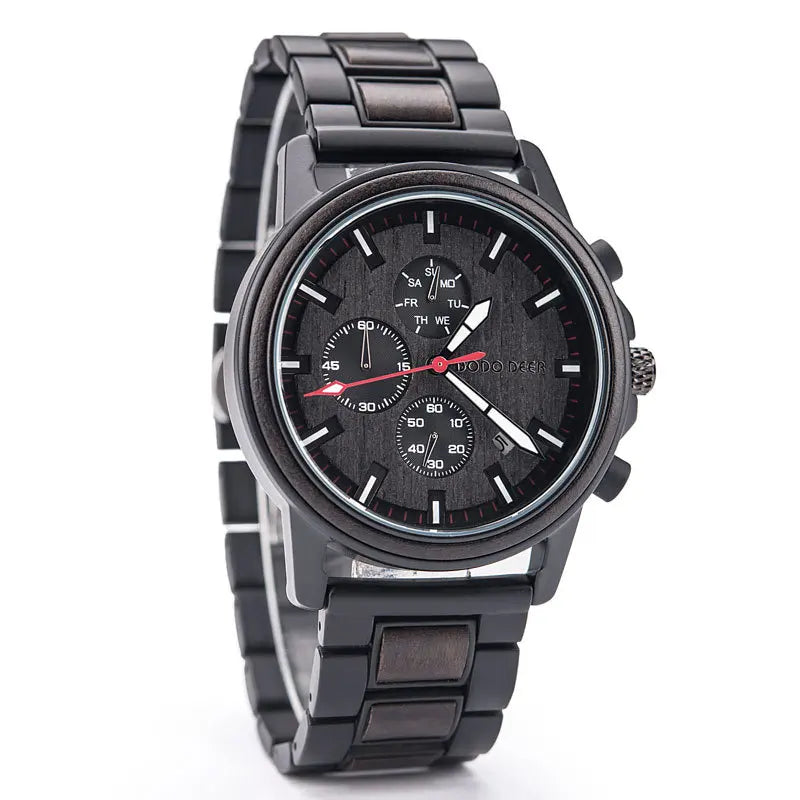 For OEM High-End Luxury Classic Wooden Fashion Chronograph Quartz Calendar Watch Men Stainless Steel Antique Dial 38mm